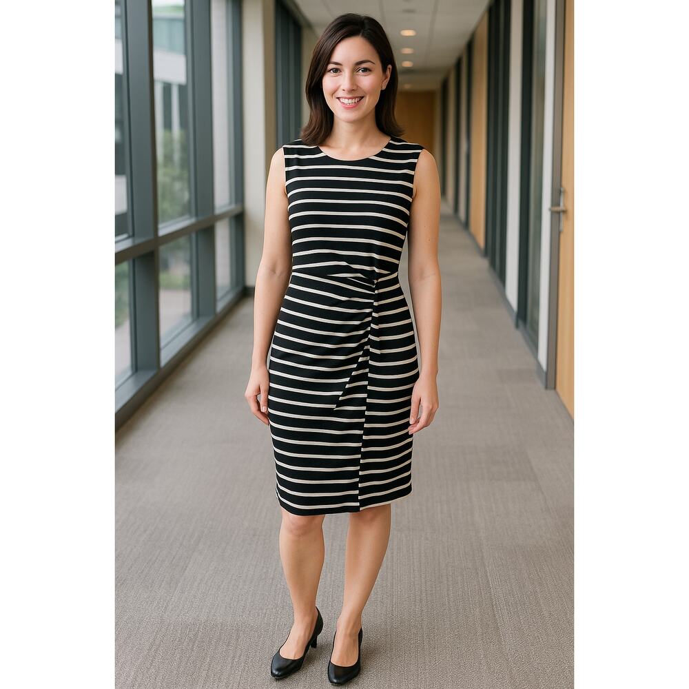 Ann Taylor Loft Sleeveless Faux Wrap Black and White Dress with Side Accent